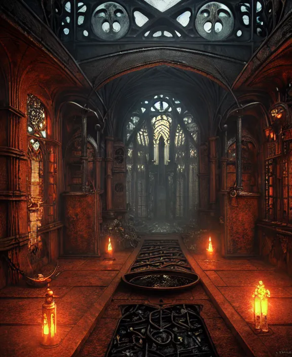 Image similar to steam necropolis, memento mori, gothic, neo - gothic, art nouveau, hyperdetailed copper patina medieval icon, stefan morrell, philippe druillet, ralph mcquarrie, concept art, steampunk, unreal engine, detailed intricate environment, octane render, moody atmospherics, volumetric lighting, ultrasharp, ominous, otherworldly