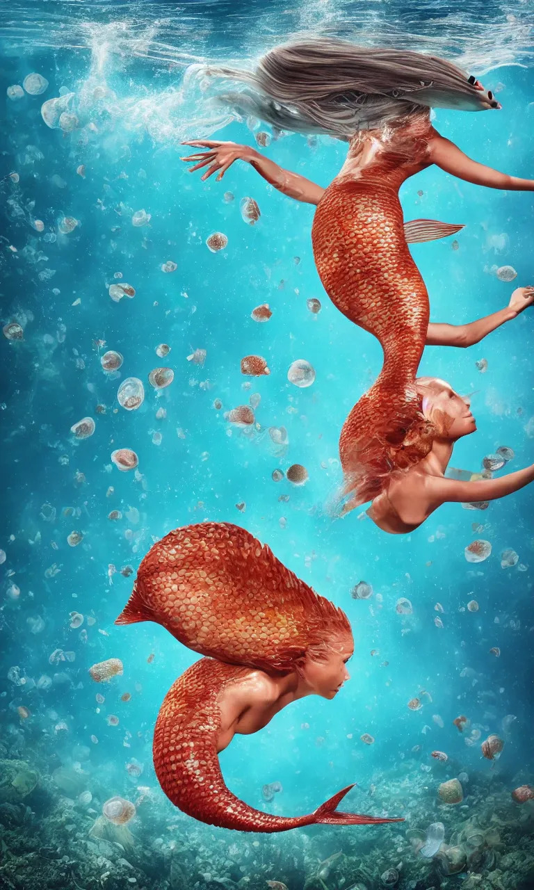 Image similar to head fish woman body surrealistic mermaid, half fish half woman , fish head, diving in the air rounded by jelly clouds made by national geographic underwater photographer 4k, 8k,