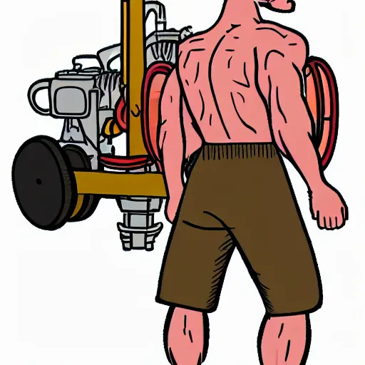Prompt: a muscular bald man carrying engines on his back, technical diagram, diesel engine, gasoline engine, combustion engine