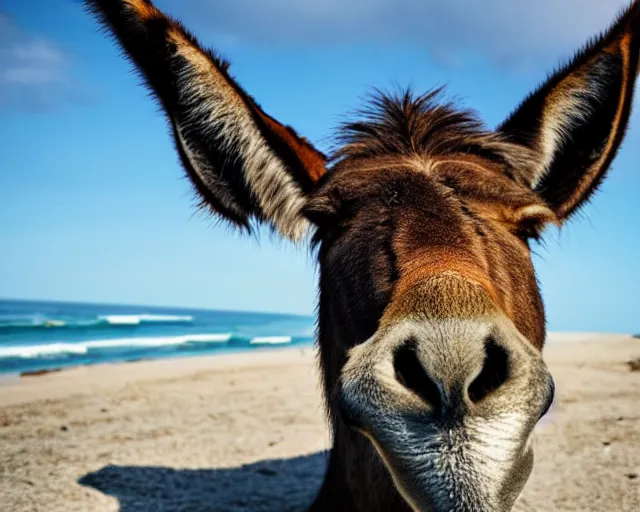 Image similar to realistic photo of a donkey sunbathing at the beach