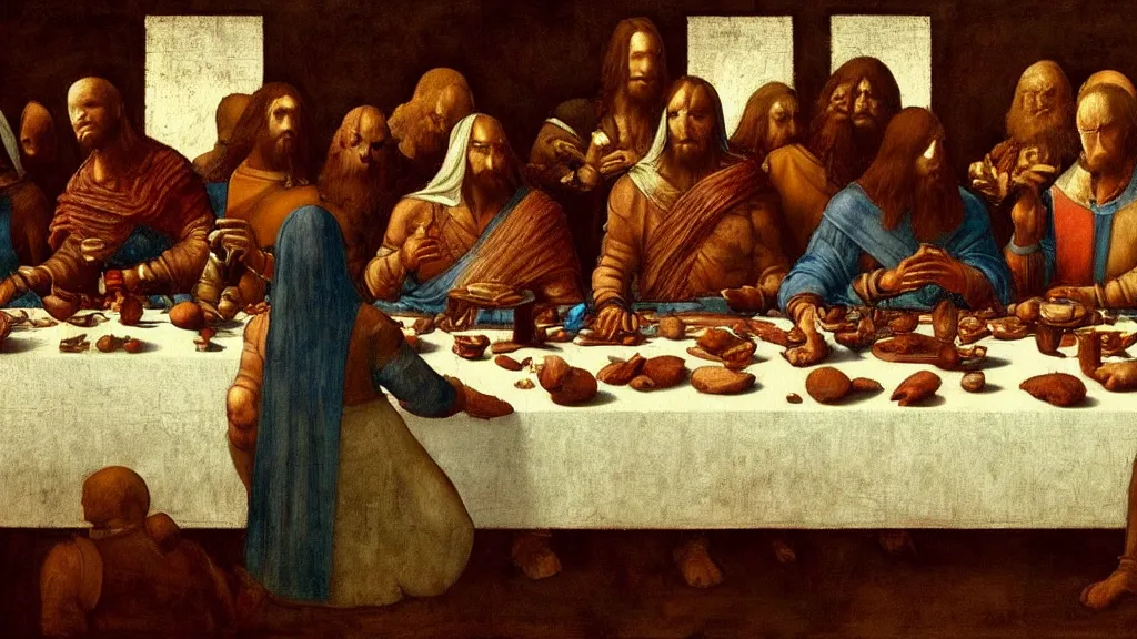 Image similar to mandalorian at the last supper, by leonardo davinci, concept art, oil painting, art station