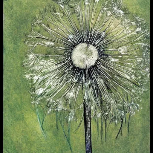 Image similar to a beautiful fairytale painting of a dandelion seed that is also a fluffy fairy. the dandelion seed is the body of the fairy. beautiful clear painting by arthur rackham