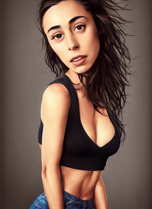 Image similar to full length photo of a very sweeting Oona Chaplin in a tanktop in the style of stefan kostic, full slim body, not realistic, sharp focus, 8k high definition, insanely detailed, intricate, elegant, art by stanley lau and artgerm