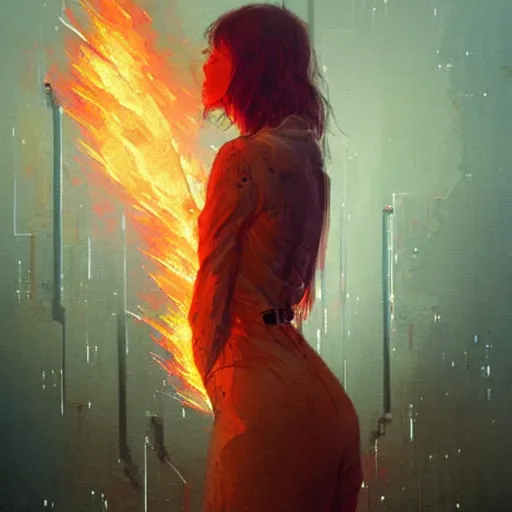 Prompt: she is watching how her digital past is burning with glitched flames made of bits, by greg rutkowski and esao andrews