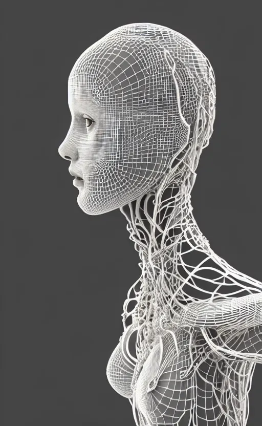 Prompt: complex 3d render ultra detailed of a beautiful porcelain glass profile woman face, hazel eyes, vegetal dragon cyborg, 150 mm, beautiful natural soft light, rim light, silver lemon metallic details, magnolia big leaves and stems, roots, fine lace, maze like, mandelbot fractal, anatomical, facial muscles, cable wires, microchip, elegant, white metallic armor, octane render, black and white, H.R. Giger style