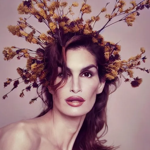 Prompt: fine art photo of cindy crawford, she has a crown of dried flowers, by oleg oprisco