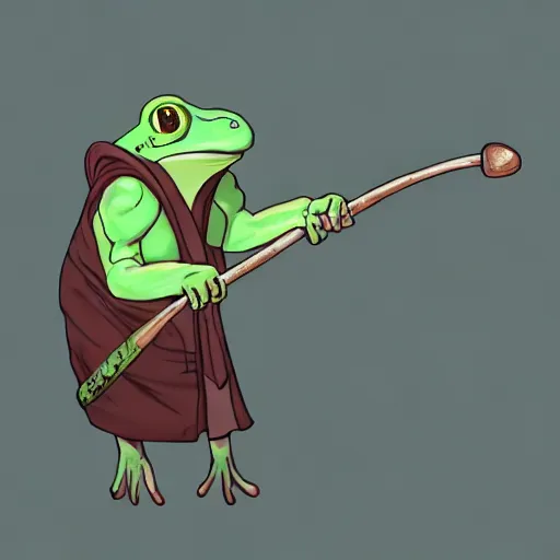 Image similar to A oldman frog holding himself with a staff. Artstation, Hiroaki Tsutsumi style