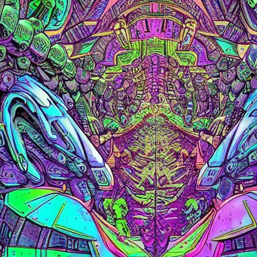 Image similar to beautiful detailed comic illustration, psychedelic fractals made of mecha dinosaurs, cyberpunk, neon