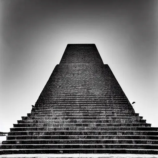 Image similar to black and white surreal photograph, highly detailed vast space made of stairsteps, sideview, detailed textures, natural light, mist, architecture photography, film grain, soft vignette, sigma 1 4 mm f / 1. 4 1 / 1 0 sec shutter, imax 7 0 mm footage