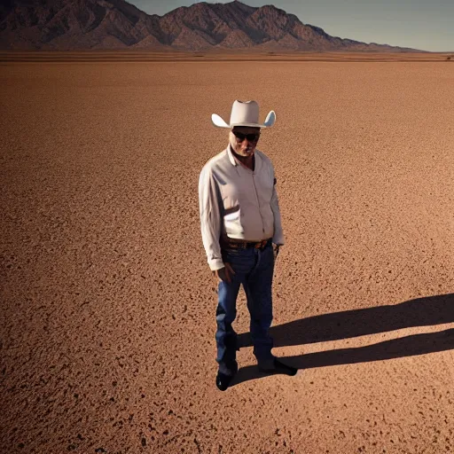 Prompt: cinematic shot of jeffery epstein wearing cowboy clothes and standing in the mojave desert, very detailed, very intricate, dslr,