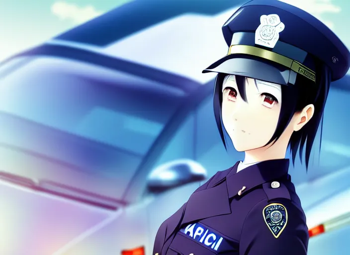 Image similar to anime visual, portrait of a japanese police woman in leaning against her patrol car, cute face by ilya kuvshinov, yoshinari yoh, makoto shinkai, katsura masakazu, dynamic perspective pose, detailed facial features, kyoani, rounded eyes, crisp and sharp, cel shad, anime poster, ambient light