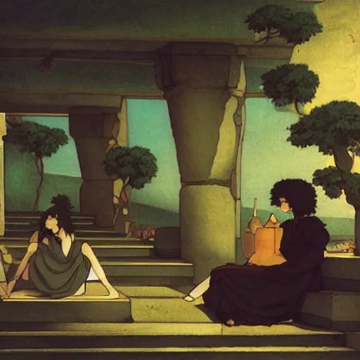 Image similar to Greek archi, a colab between studio ghibli and paul delaroche