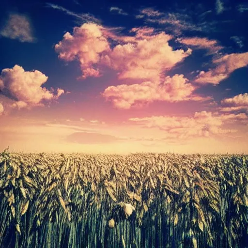 Image similar to “cotton candy clouds over a field of wheat and rivers of chocolate, high definition, digital art, high quality, whimsical, atmospheric”