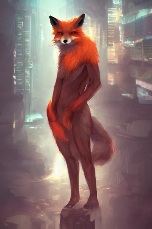 Image similar to a fox fursona, trending on artstation, by kawacy, furry art, digital art, cyberpunk, high quality, backlighting