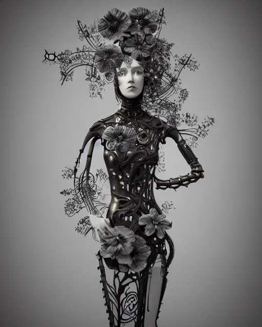 Image similar to monochrome 3 d model, 1 9 3 0 picture, floral steampunk biomechanical beautiful young female cyborg with porcelain profile face and a techno eye, volumetric light, leaves foliage and stems, hibiscus flowers, boho vines, sinuous fine roots, fine foliage lace, alexander mcqueen, rim light, big gothic fashion pearl embroidered collar, octane render, 8 k