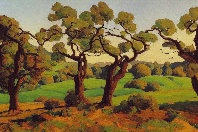 Image similar to masterpiece painting of oak trees on a hillside overlooking a creek, by harold gilman