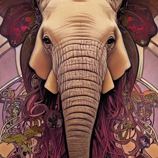 Prompt: realistic detailed picture of an elephant\'s face by Alphonse Mucha, Ayami Kojima, Amano, Charlie Bowater, Karol Bak, Greg Hildebrandt, Jean Delville, and Mark Brooks, Art Nouveau, Neo-Gothic, gothic, rich deep colors