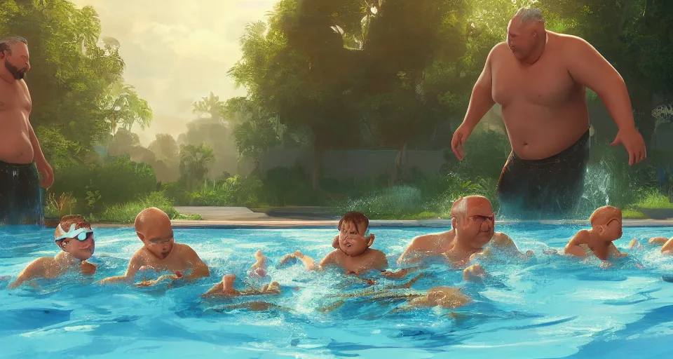 Image similar to digital art painting of exactly three brothers and their slightly overweight father in a swimming pool , unreal 5, DAZ, hyperrealistic, octane render, volumetric clouds dynamic lighting