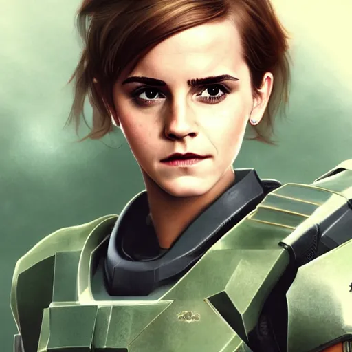 Image similar to Emma Watson as master chief, digital art, artstation, concept art, sharp focus, 4k, high detail