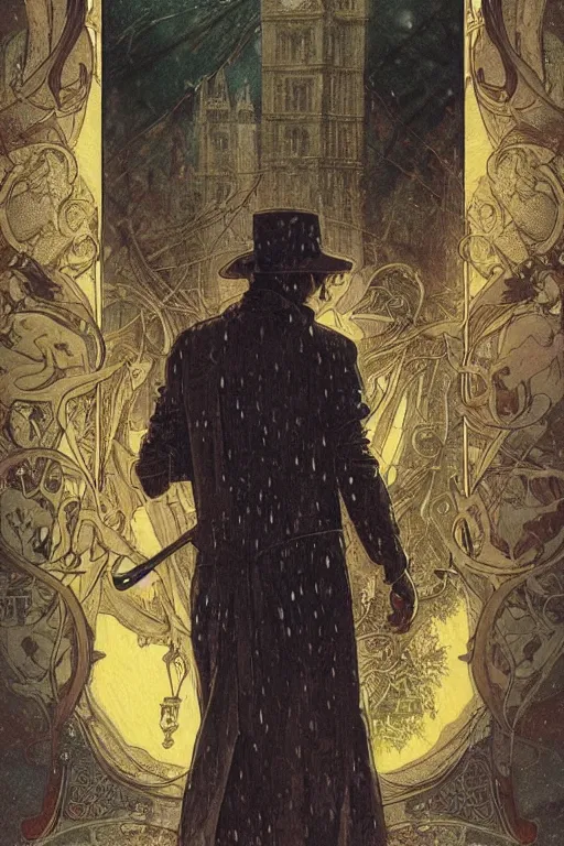 Image similar to a detailed tarot card of jared padalecki in a supernatural sherlock holmes story, 1 8 th century london in the rain, city streets, ominous, masterpiece, 8 k, art by alphonse mucha and greg rutkowski