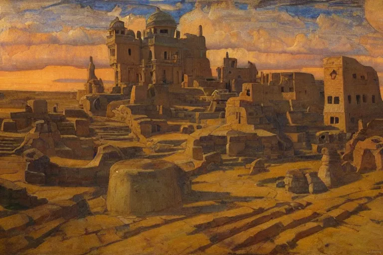 Image similar to ancient city by the sea by Annie Swynnerton and Nicholas Roerich, strong dramatic cinematic lighting , ornate architecture, lost civilizations, smooth, sharp focus, extremely detailed