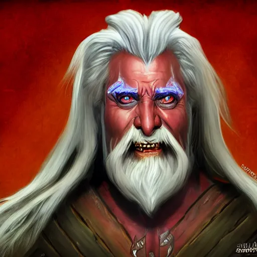 Image similar to bright, colorful, realistic, detailed from Elder Scrolls: Shivering isles concept art of The Mad God Sheogorath with a madsmile, Caucasian skin, combed white beard and combed white hair backlighting, kodachrome, high contrast, highly detailed, sharp focus, digital painting, concept art, illustration, trending on artstation, comic book by Alex Ross and Adam Adamowicz cover art