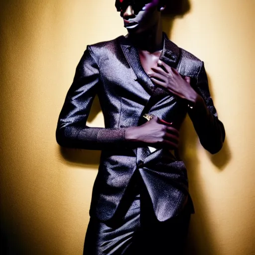 Prompt: a model smooth bent arms dressed in a tasteful avant garde fashion outfit ensemble, ibrahim kamara fashion editorial photo, sharp focus dynamic light