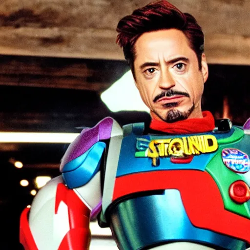 Image similar to professional photo of Robert Downey Jr. as small as an action figure on the set of the movie Toy Story