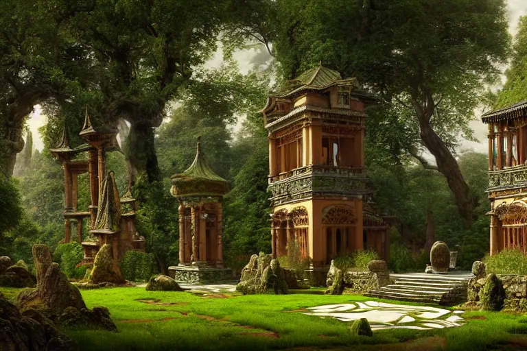 Image similar to a beautiful and highly detailed digital painting of an ancient palace in a beautiful garden in a mystical forest, celtic, intricate psychedelic patterns, epic scale, insanely complex, artstation, cgsociety, 8 k, sharp focus, hyperrealism, by caspar friedrich, albert bierstadt, james gurney, brian froud,