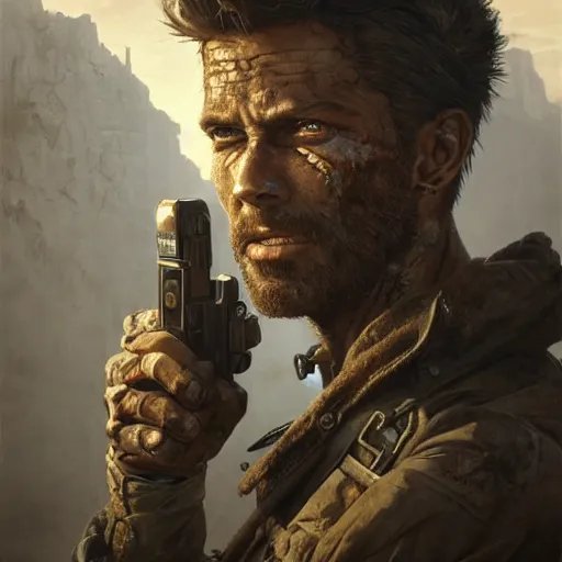 Image similar to portrait painting of a post apocalyptic man, ultra realistic, concept art, intricate details, eerie, highly detailed, fallout, wasteland, photorealistic, octane render, 8 k, unreal engine 5. art by artgerm and greg rutkowski and alphonse mucha