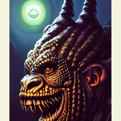 Image similar to side profile of barong family member, wiwek, mara demon, one single tribe member, jungle, one single mask, dark, ancient warrior, gorilla, lizard, tribal, inner glow, paint by peter mohrbacher and dan mumford and justin gerard