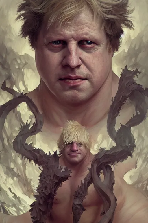 Image similar to portrait of boris johnson as a hulking herculean demon, forest, godlike, full body, fantasy, intricate, elegant, highly detailed, digital painting, artstation, concept art, sharp focus, illustration, art by artgerm and greg rutkowski and alphonse mucha