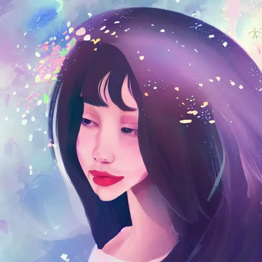 Prompt: a thin, pretty young Filipino woman with long hair floats in a dreamy world, very beautiful, inspiring, abstract digital art, trending on artstation