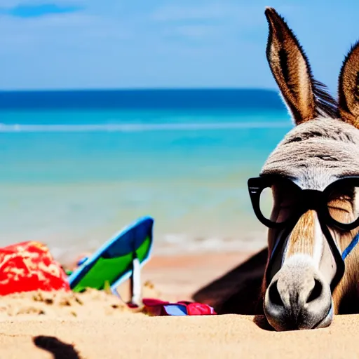 Prompt: A Donkey wearing cool glasses lying on a sunbed at the beach, 8k, highly detailed