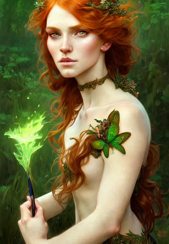 Image similar to portrait of fairy woman, d & d, green eyes, ginger hair, face, fantasy, intricate, elegant, highly detailed, digital painting, artstation, concept art, smooth, sharp focus, illustration, art by artgerm and greg rutkowski and alphonse mucha