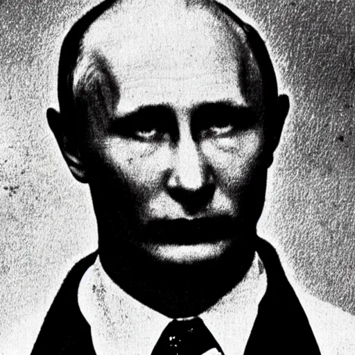 Image similar to Old picture of bloody butcher Vladimir Putin in Insane Asylum Of The 19th Century SCARY LOOKING at camera