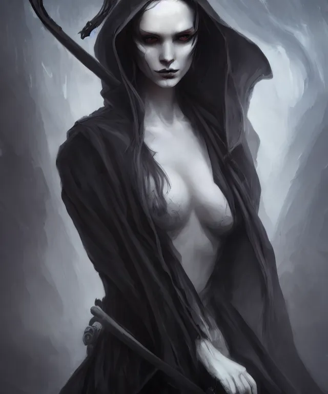 Prompt: grim reaper by charlie bowater and titian and artgerm, full - body portrait, intricate, face, shadows, elegant, black mist, highly detailed, dramatic lighting, sharp focus, trending on artstation, artstationhd, artstationhq, unreal engine, 4 k, 8 k