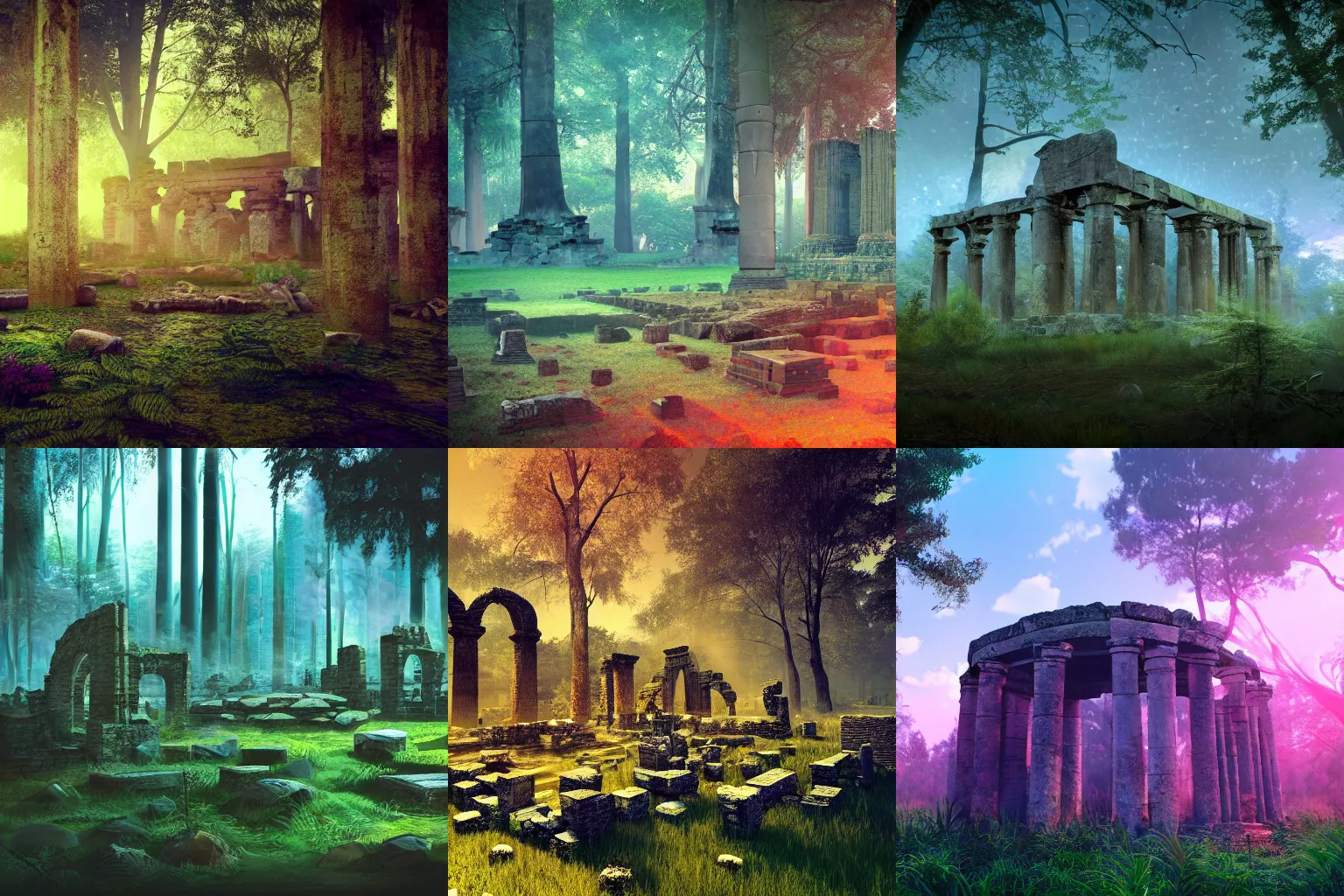 Prompt: ancient ruins in the forest, retrowave art, 4k