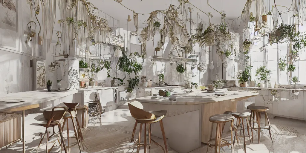 Prompt: a beautifull intricate detailed watercolor modern kitchen made from a hiper detailed thin golden tendrils, fractal ornaments, clean architecture, pastel colored, some fresh plants, intricate detailed 3 d render, elegant, intense colors, wide shot, octane render, photorealistic, daylight, peaceful, 8 k