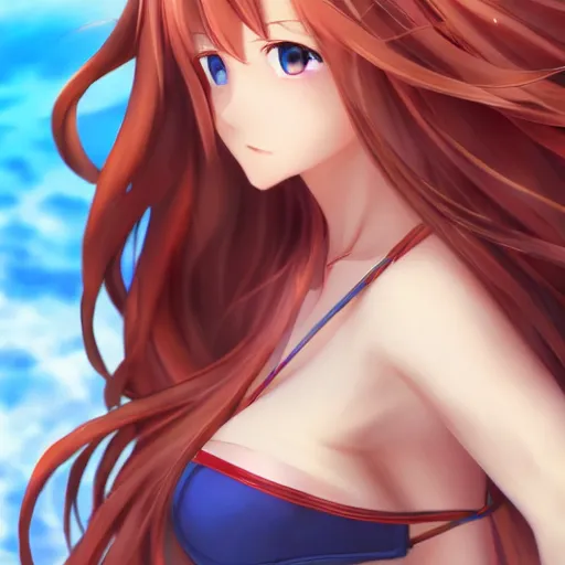 Prompt: a very beautiful mature yuuki asuna, full body, long wavy red hair, sky blue eyes, full round face, bikini, miniskirt, front view, mid - shot, cute pose, highly detailed, cinematic wallpaper by stanley artgerm lau