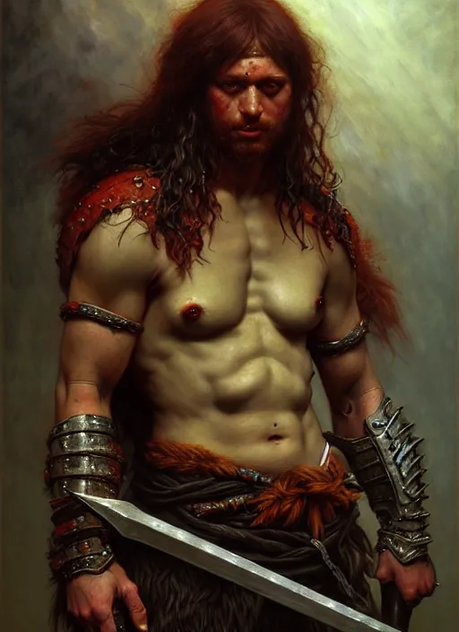 Image similar to barbarian, full body, hyper realistic, extremely detailed, dnd character art portrait, dark fantasy art, intricate fantasy painting, dramatic lighting, vivid colors, deviantart, artstation, by edgar maxence and caravaggio and michael whelan and delacroix.