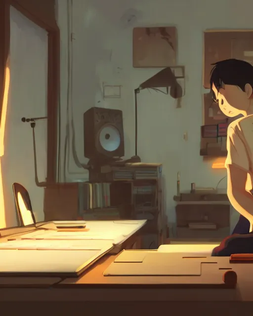 Image similar to producer making music late at night at his home studio, detailed, cory loftis, james gilleard, atey ghailan, makoto shinkai, goro fujita, studio ghibli, rim light, exquisite lighting, clear focus, very coherent, plain background, soft painting