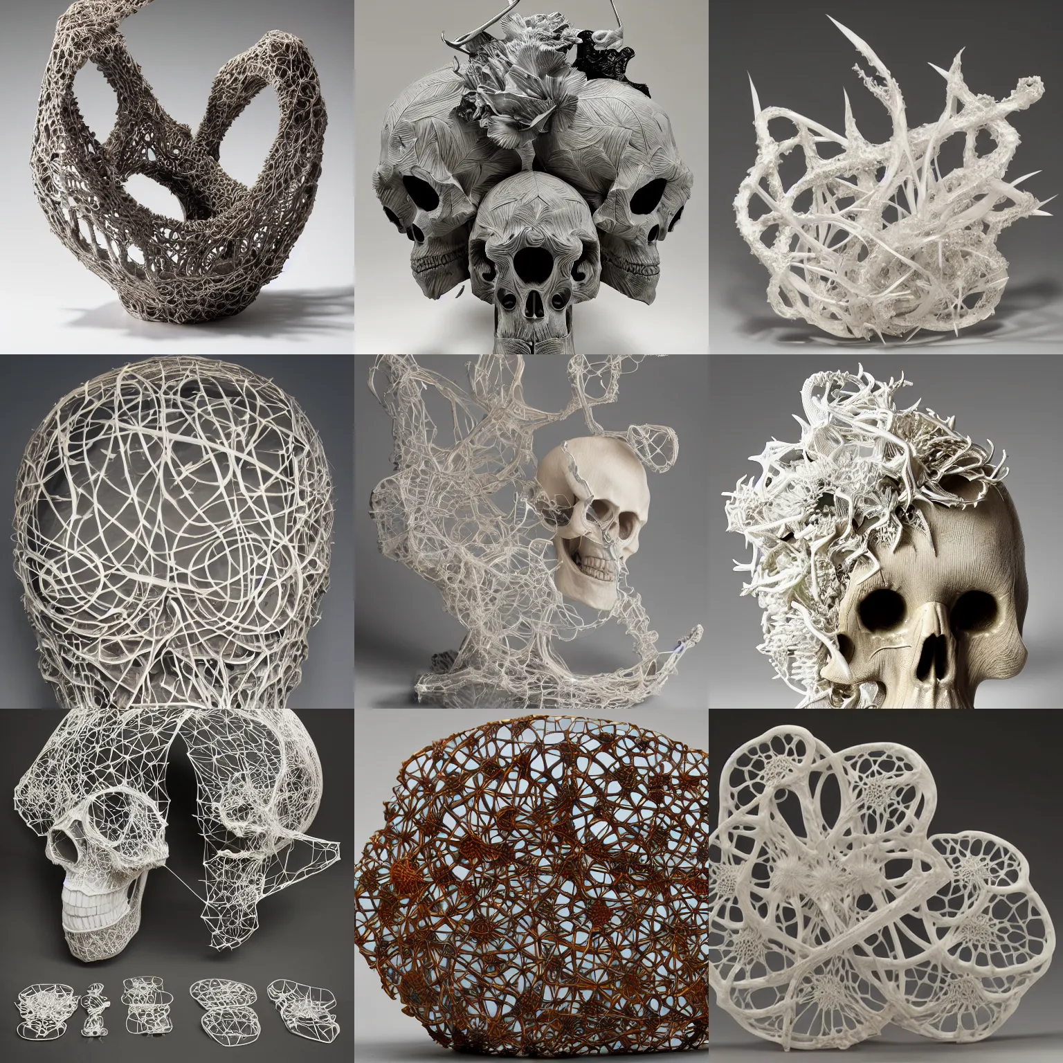 Prompt: abstract shaped flowers, abstract shaped skulls, made out of thick webs, Juz Kitson, Brian Rochefort, Jessica Stoller, highly detailed carving on southern ice porcelain, deformed, Contemporary Ceramics, color, glossy, art gallery, masterpiece