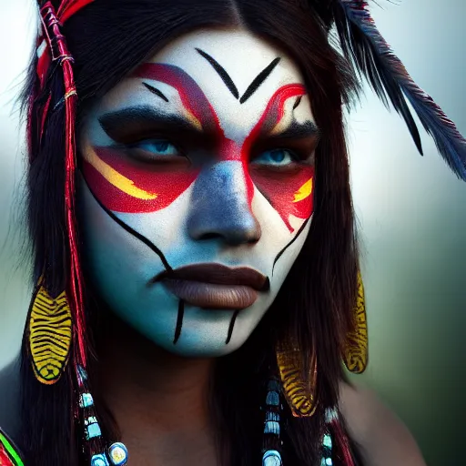 Image similar to a beautiful female indigenous warrior with futuristic face paint, ornamental markings, photorealistic, cinematic lighting, high resolution 4 k