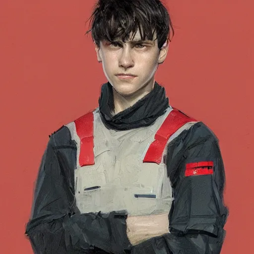 Image similar to Portrait of a man by Greg Rutkowski, he is about 20 years old, french features, attractive, short brown hair with bangs, athletic and strong, gallant, childhood friend vibes, he is wearing red and black utilitarian jumpsuit, highly detailed portrait, digital painting, artstation, concept art, smooth, sharp foccus ilustration, Artstation HQ.