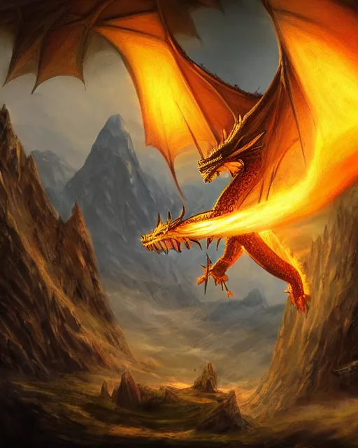 Prompt: ''dragon breathing fire, rule of thirds, fantasy, mountain landscape, d & d, digital painting, artstation, deviantart, concept art, illustration, art by dragolisco and anne stokes and nico niemi''