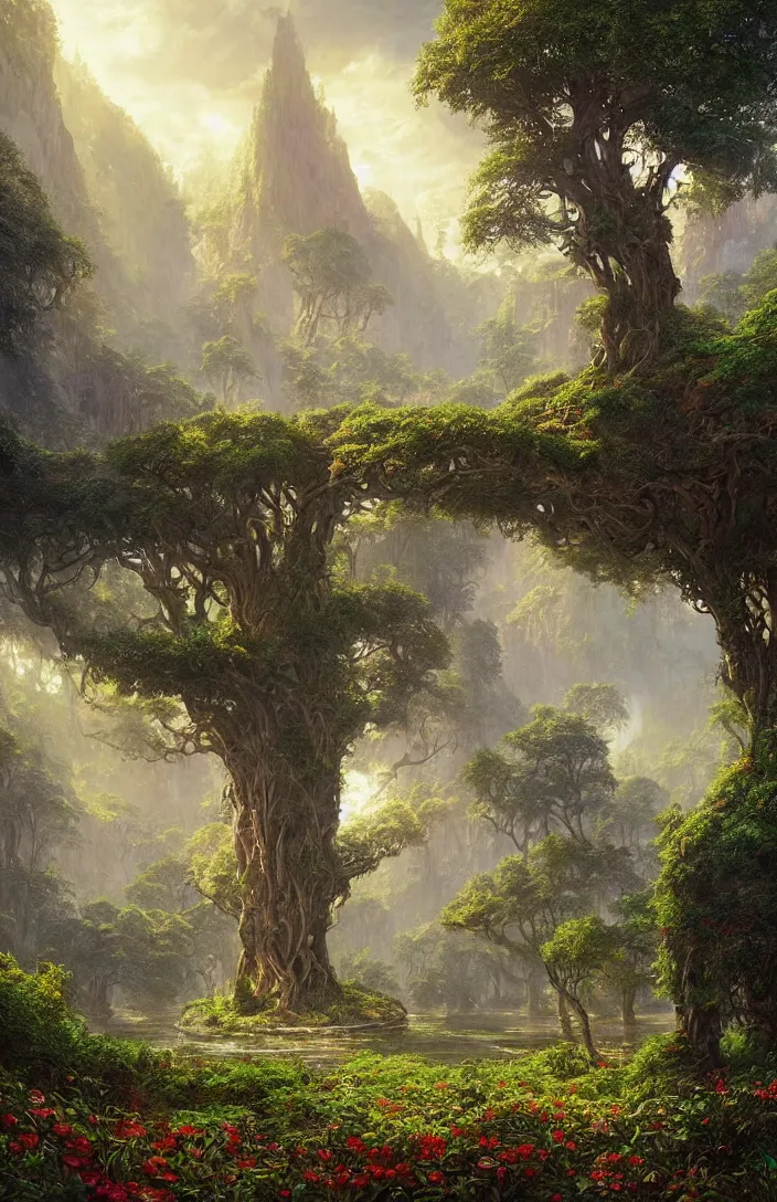 Prompt: beautiful hyper realistic detailed matte painting of fantasy tree of life in garden of eden, hdr, by Moebius and John Howe and Albert Bierstadt and Alena Aenami, ultra detailed, high resolution