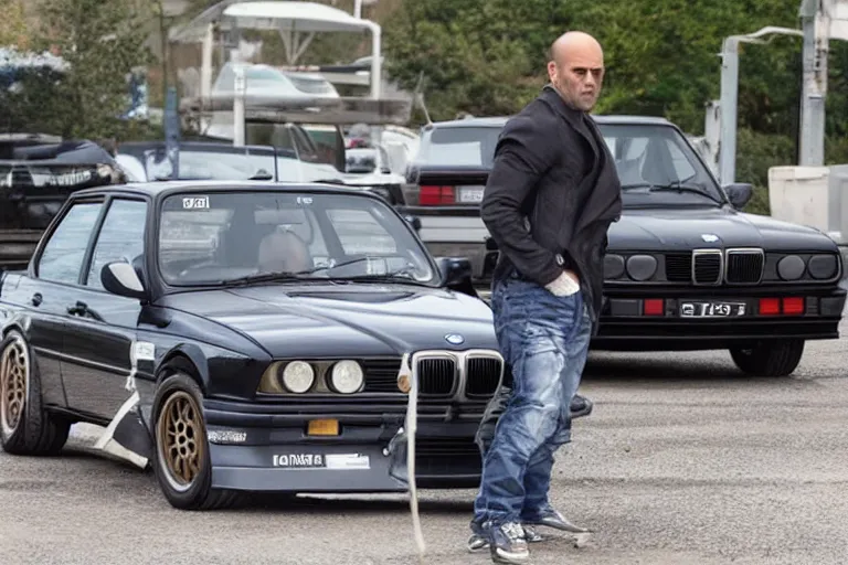 Image similar to Angry Jason Statham picks up BMW e30