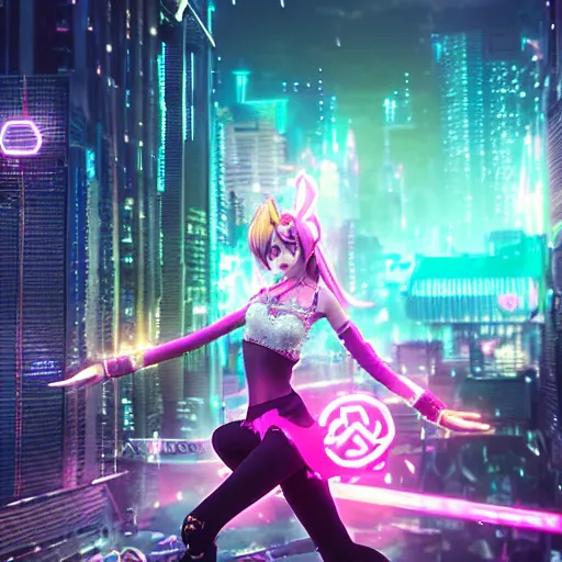 Prompt: a girl like (jinx, Princess peach), dancing, background cyberpunk city, kpop, fullshot, photo, raytrayced, octane render,volumetric lighting, epic composition, intricate details, dark neon punk, by KDA