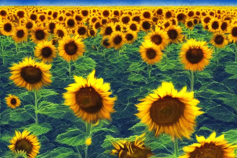 Image similar to fogged waterhill sunflowerfield watercolored sketches artstation album cover, 70's film photography gradient glow 8k